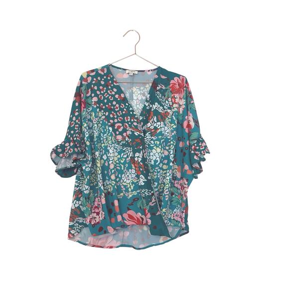 Umgee floral patchwork blouse ruffled sleeves medium - Picture 1 of 6